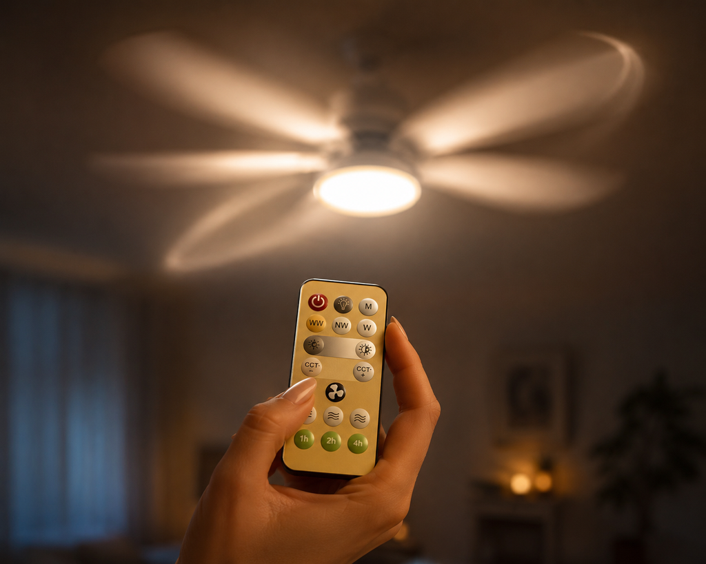 Freezo CeilFan - Ventilateur Plafonnier LED Sans Travaux  E27 · Télécommande · Lumière Dimmable 3 Températures